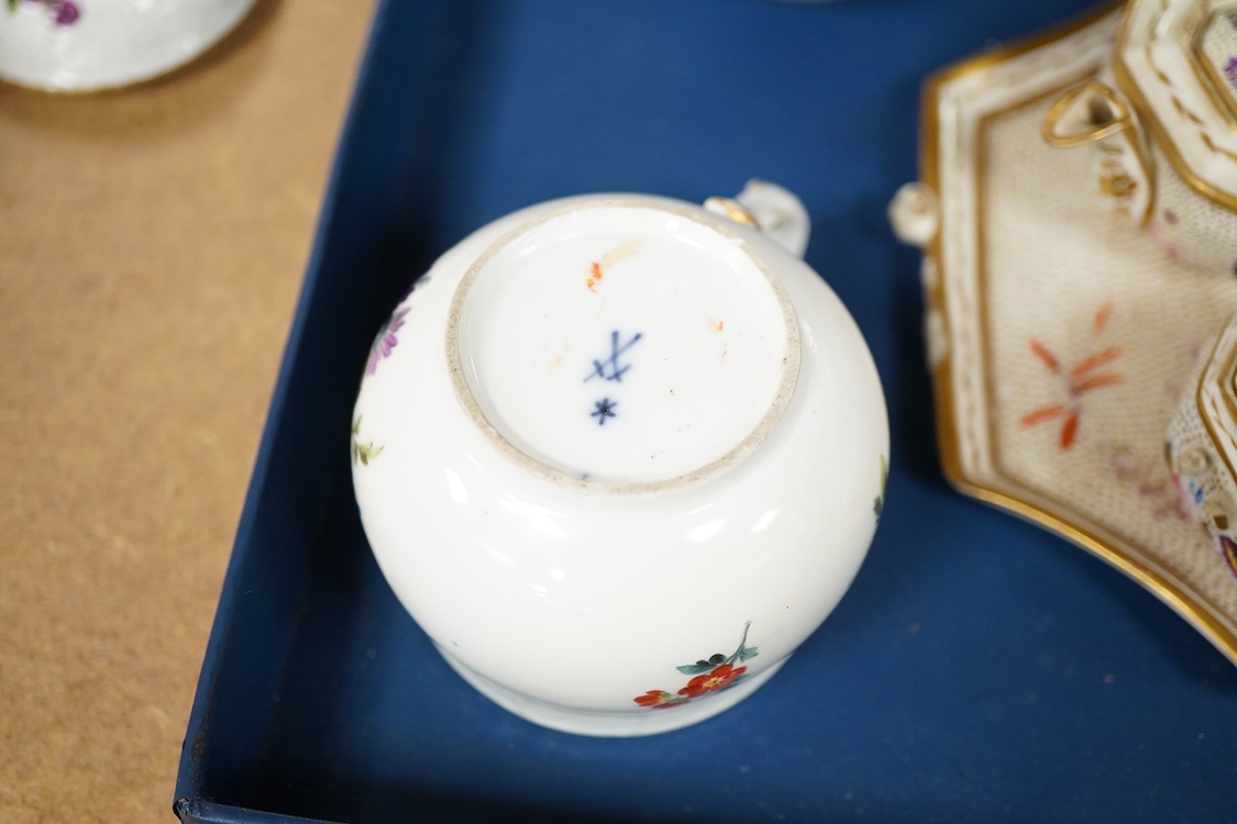 A pair of Meissen Marcolini period floral custard cups & covers together with an early 19th century English porcelain miniature tea set on tray, largest 20cm wide